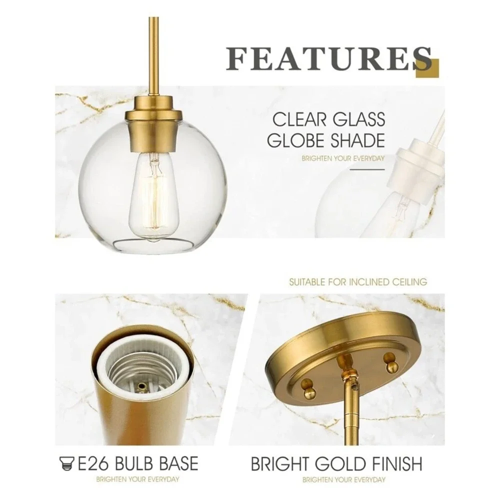 Brass Pendant Lights Kitchen Island 2 Pack, Farmhouse Gold Pendant Light with Cl